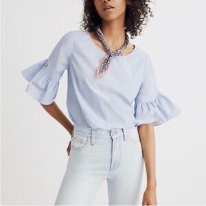 Madewell Chambray Blue Ruffle Sleeve Top, Women's Size S